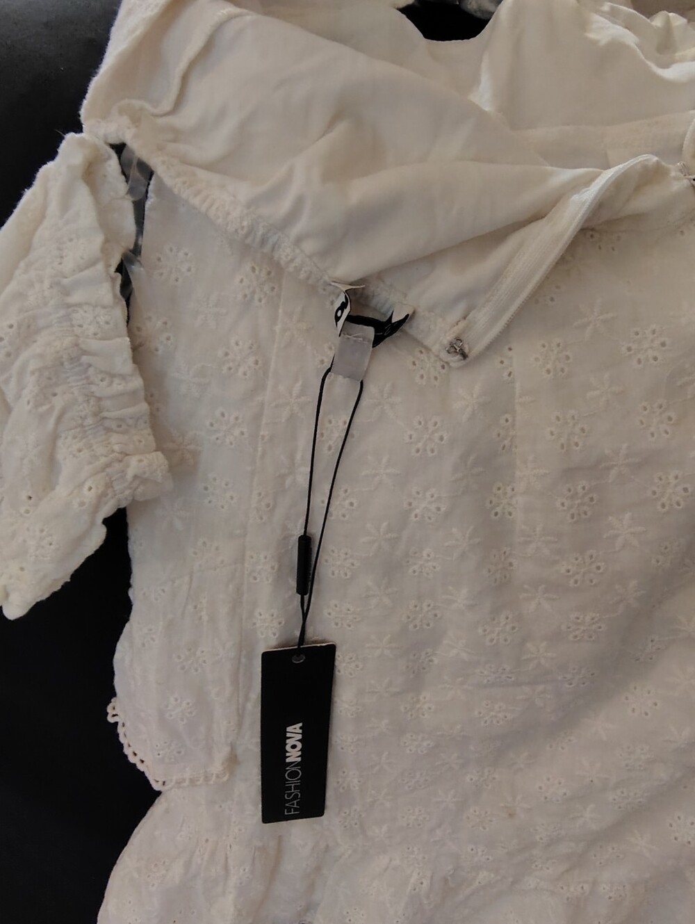 NWT Fashion Nova Eyelet Ruffled Skirt Off-Shoulder Mini Dress Pure White Size M - Picture 14 of 16